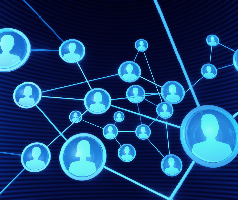 Blue circles containing people's silhouettes connected by lines