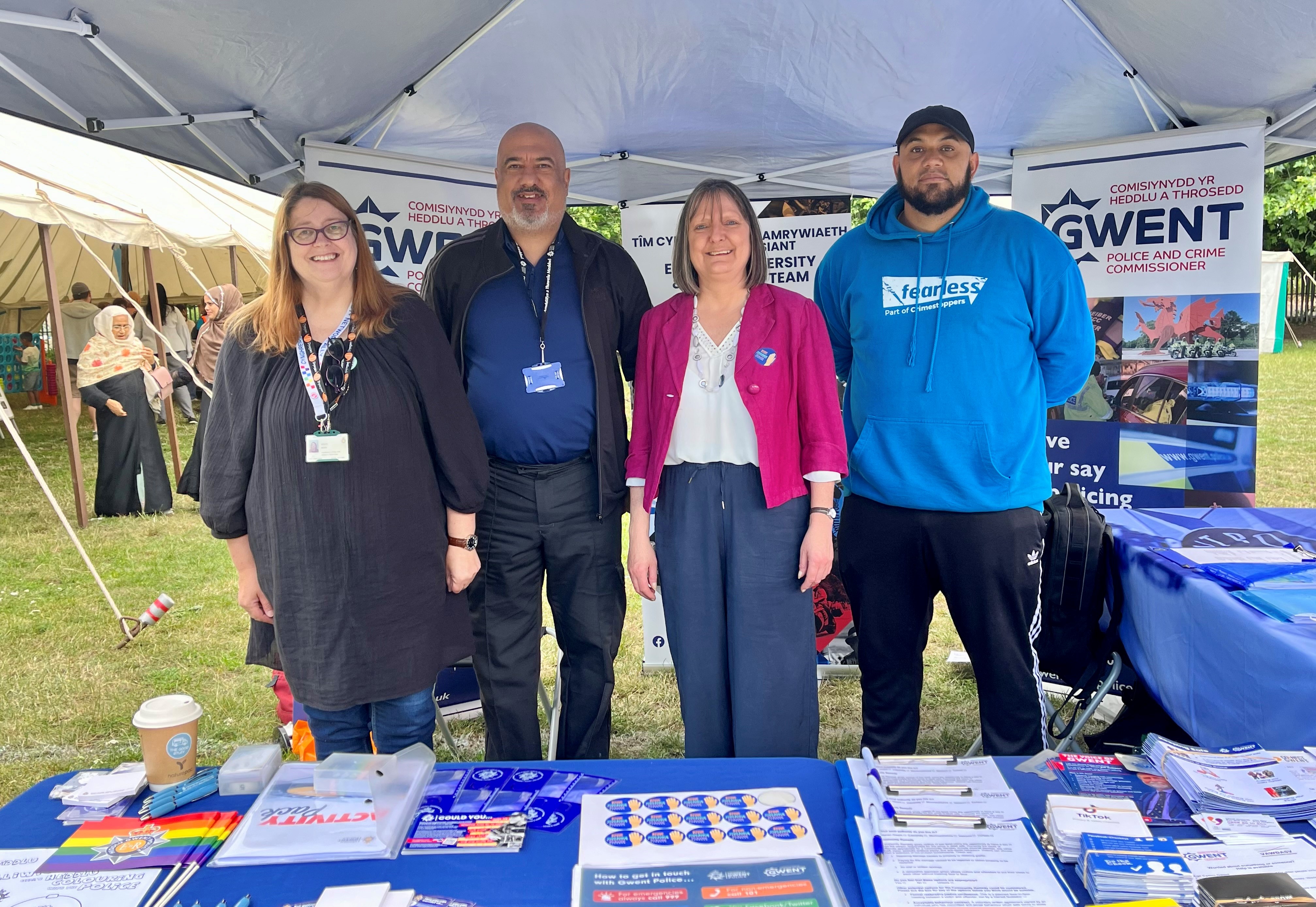 Deputy Police and Crime Commissioner for Gwent Eleri Thomas at Maindee Festival 2023, alongside officers from Gwent Police, and Fearless 