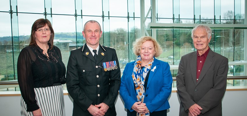LtoR. Gill Howells, Chair Gwent PCP. CC Mark Hobrough. PCC Jane Mudd. Colin Mann, Vice Chair Gwent PCP.
