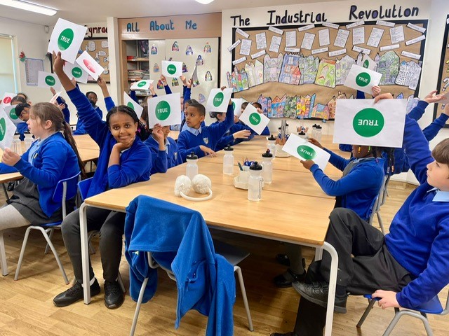 Children holding up yes or no signs