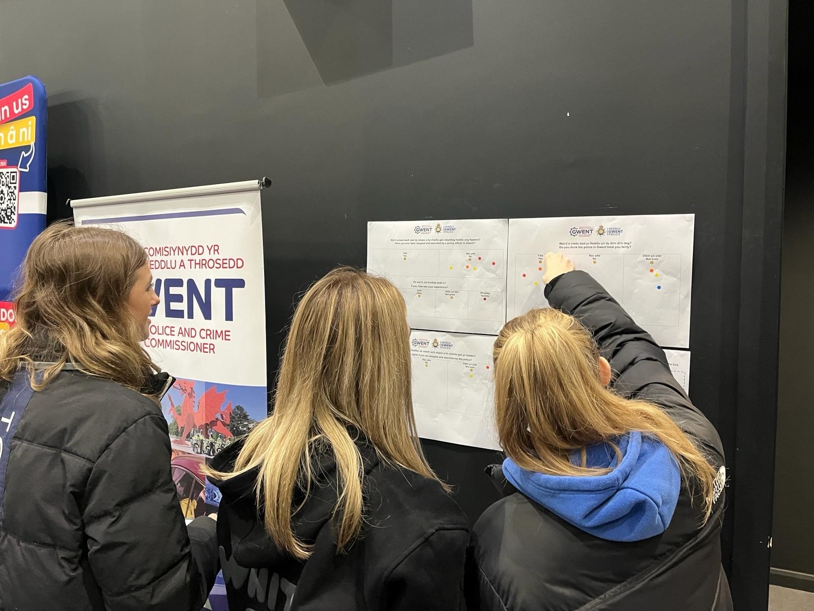 Myfyrwyr yn rhoi dotiau ar ddalen